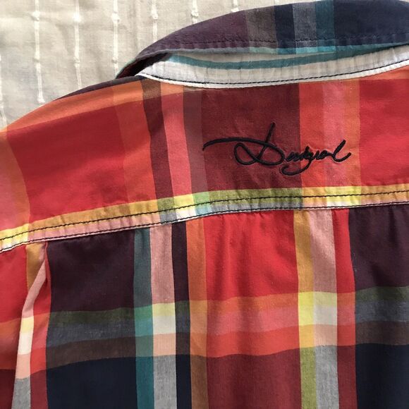 Desigual Colorful Red Plaid Long Sleeve Cotton Collared Mens Shirt NWOT - M/L - Picture 6 of 9